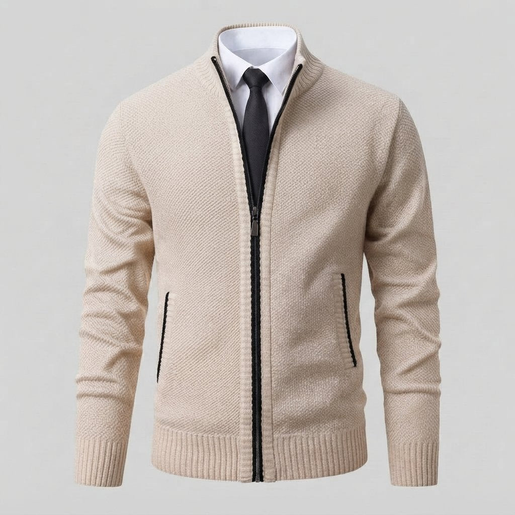 Men's Full-Zip Mock Neck Knit Cardigan Sweater — Cream