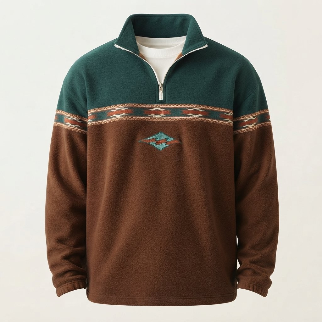 Men's Half-Zip Fleece Pullover with Aztec Stripe Detail — Brown