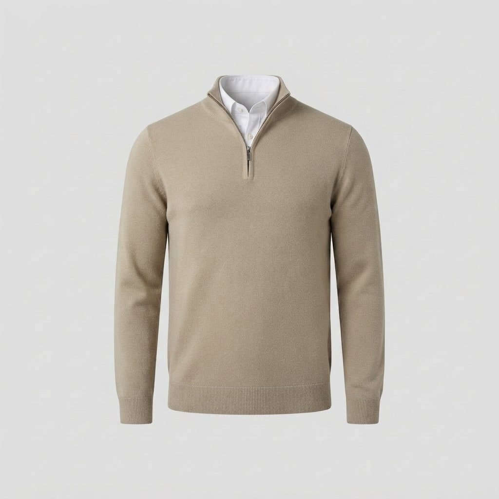 Men's Half-Zip Knit Pullover with Stand Collar — Beige