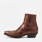 Men's Leather Western Ankle Boots, Pointed Toe — Brown