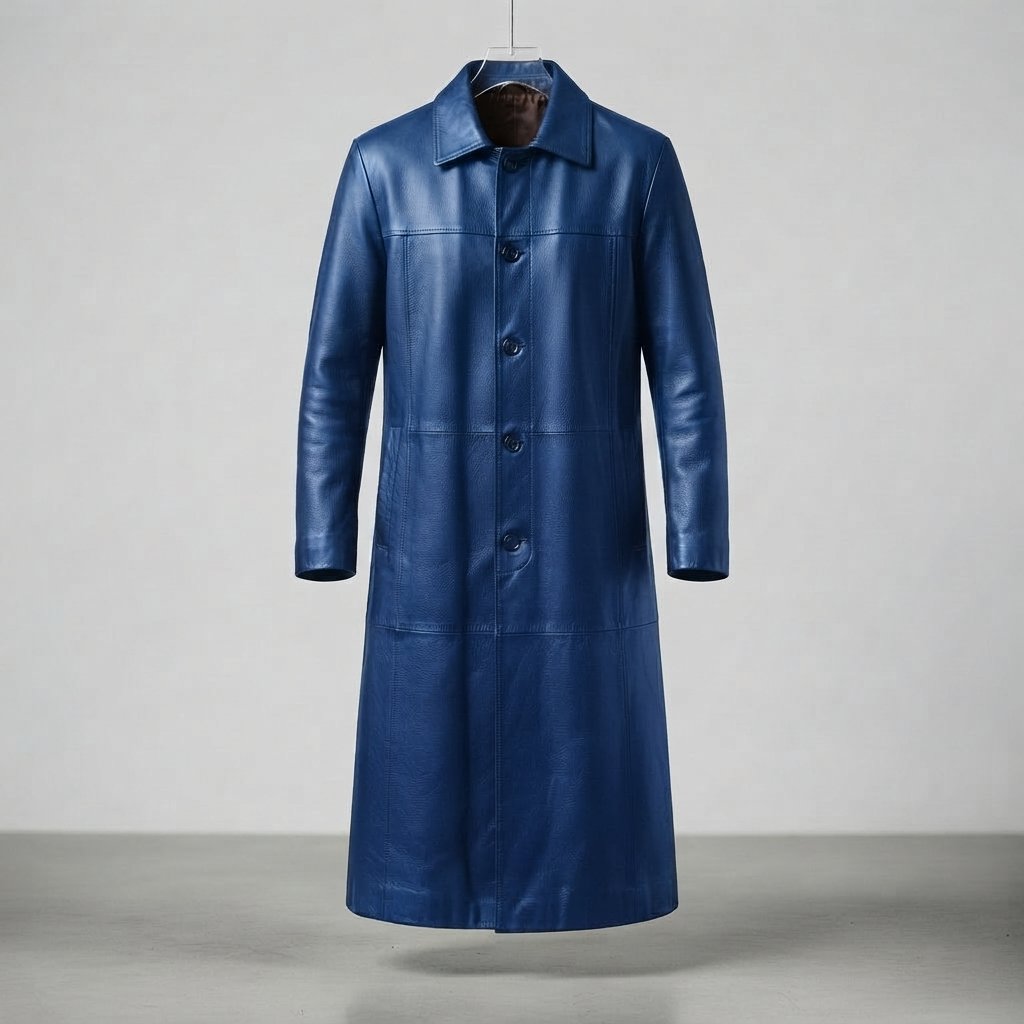 Men's Long Leather Coat, Regular Fit, Sizes S–3XL — Blue