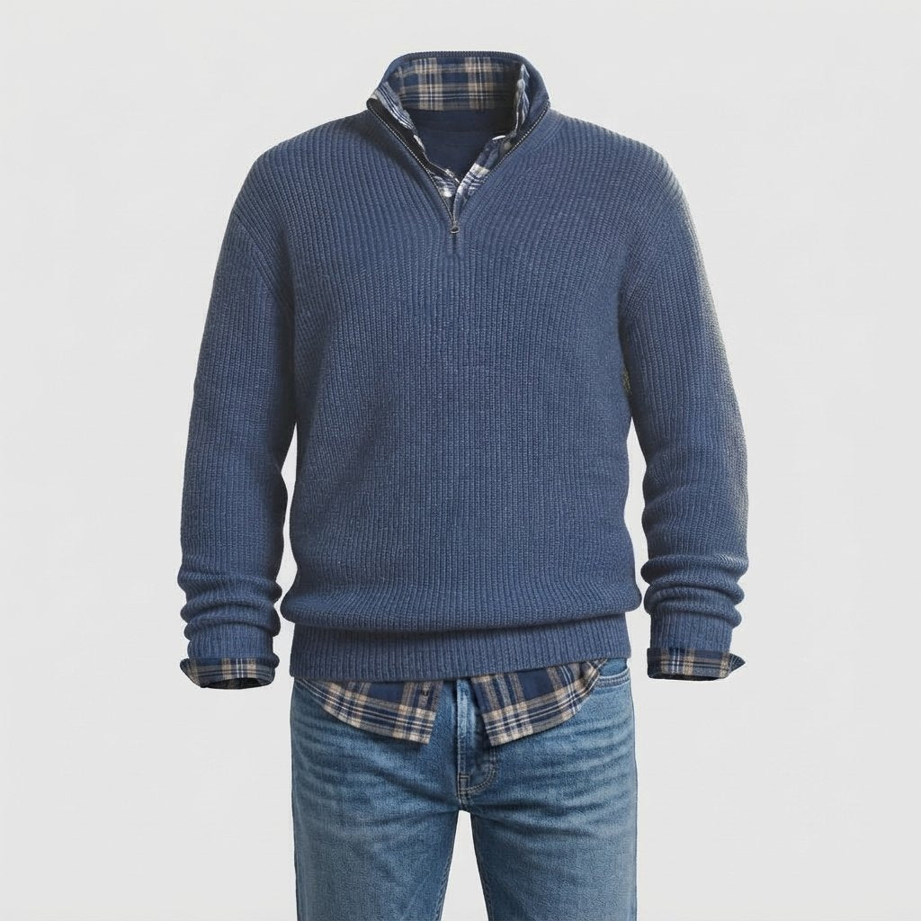 Men's Ribbed Quarter-Zip Cashmere Sweater, Regular Fit — Blue