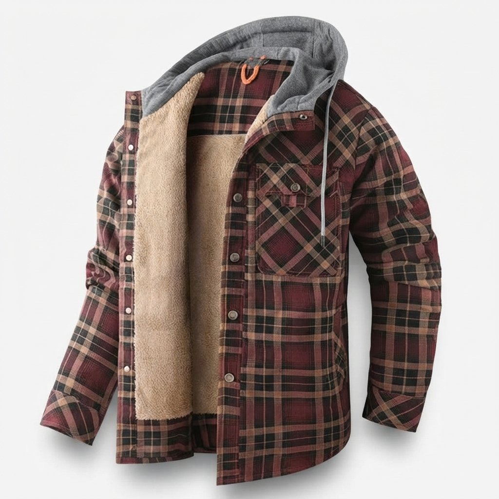 Men's Sherpa-Lined Plaid Hooded Jacket — Coffee