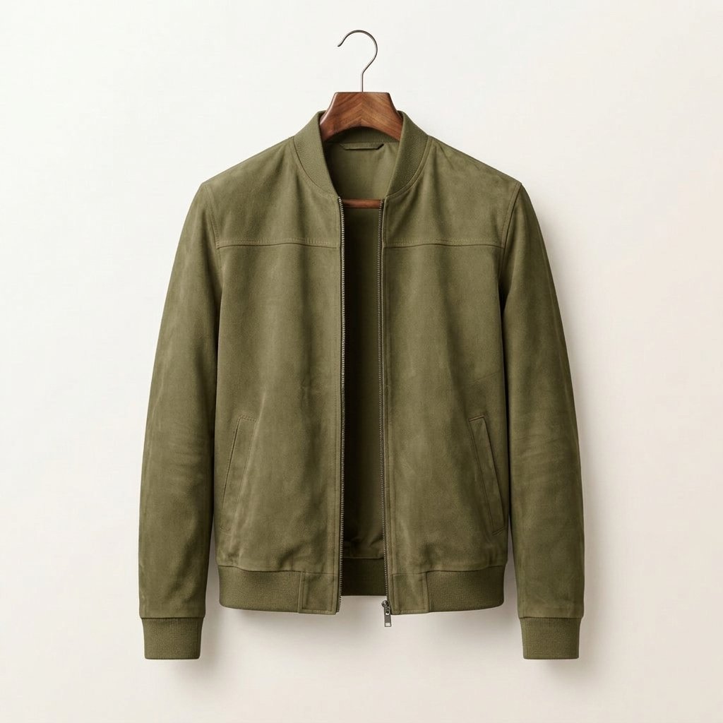 Men's Suede-Look Bomber Jacket – Lightweight Smart Casual — Green