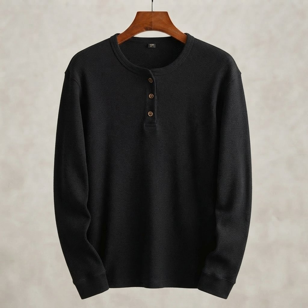 Men's Waffle Knit Henley Top, Long Sleeve — Black
