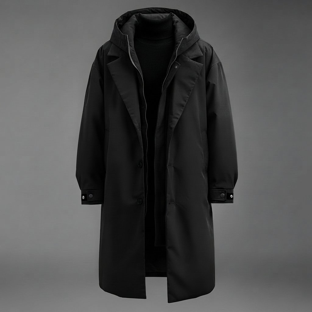 Men's Waterproof Hooded Long Trench Coat — Black