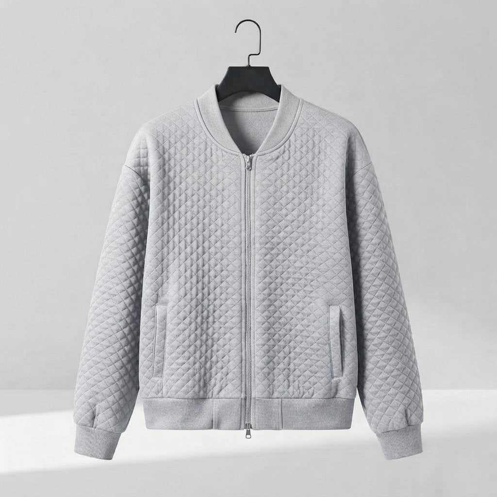 Quilted Bomber Jacket – Lightweight Zip-Up — Grey