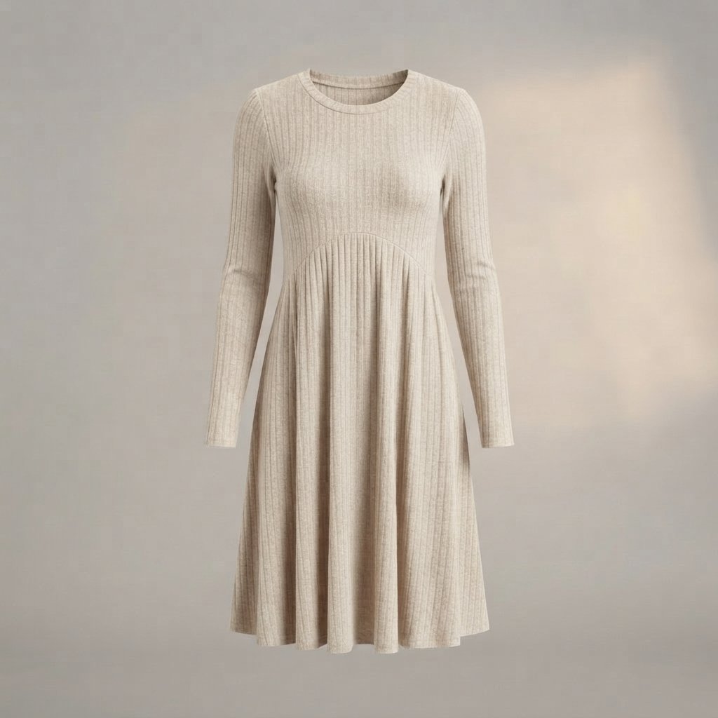Ribbed Knit High-Waist A-Line Midi Dress with Pockets — Beige