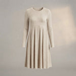 Ribbed Knit High-Waist A-Line Midi Dress with Pockets — Beige