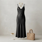 Satin Midi Dress & Knit Sweater Two-Piece Set — Black