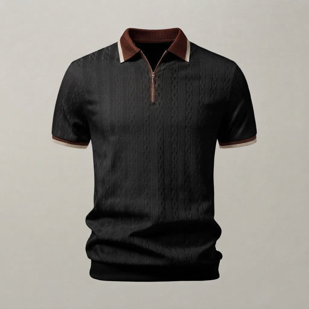 Textured Knit Quarter-Zip Polo Shirt, Tailored Fit — Black