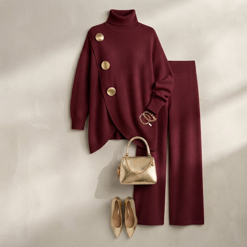Turtleneck Sweater and Wide-Leg Trousers Knit Set — Burgundy