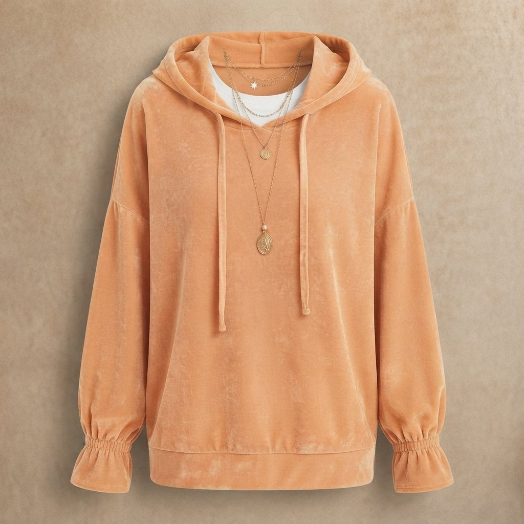 Velvet Relaxed Hoodie with Ruffle Cuffs — Apricot