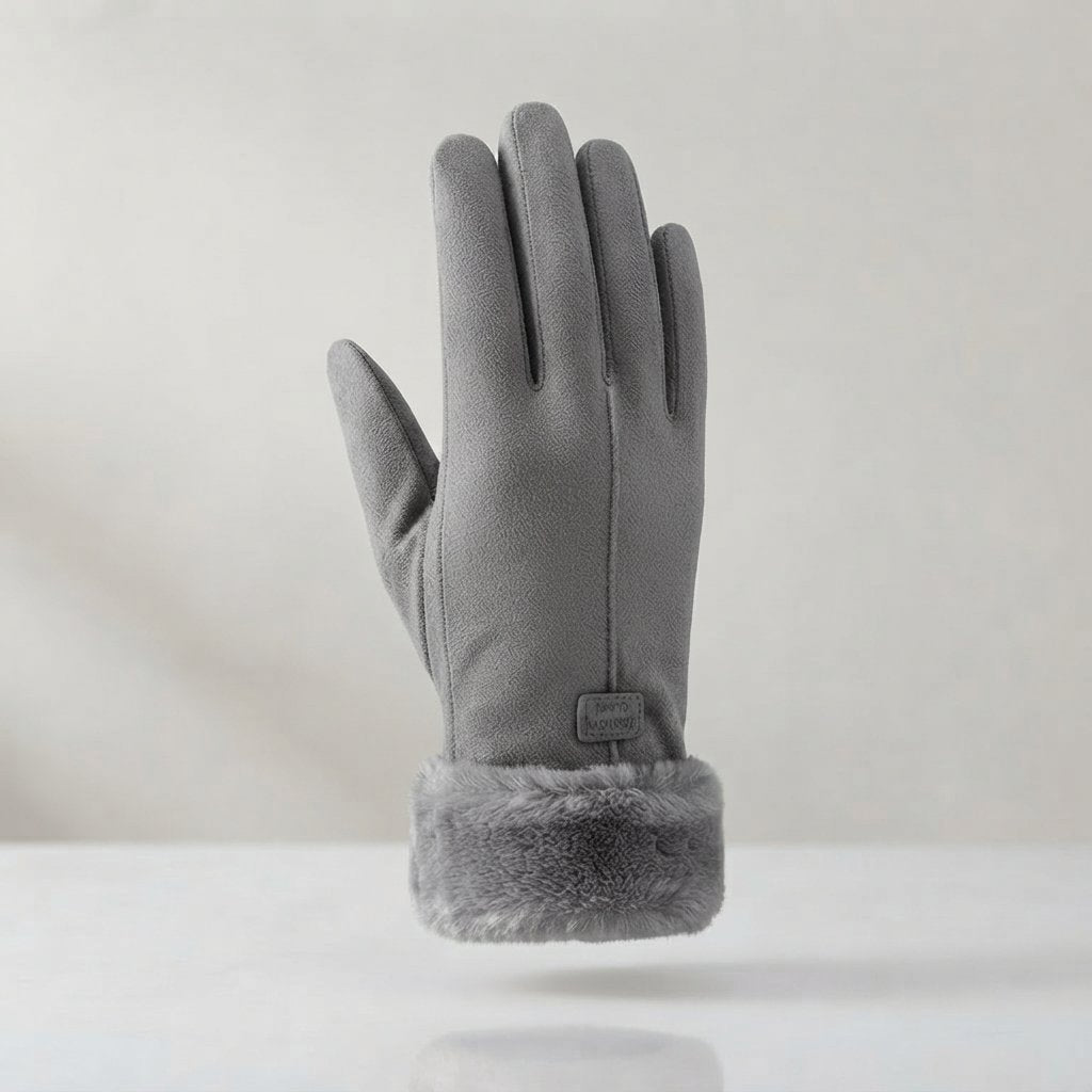 Women's Faux Suede Winter Gloves with Fluffy Cuff — Grey