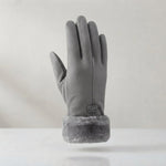Women's Faux Suede Winter Gloves with Fluffy Cuff — Grey