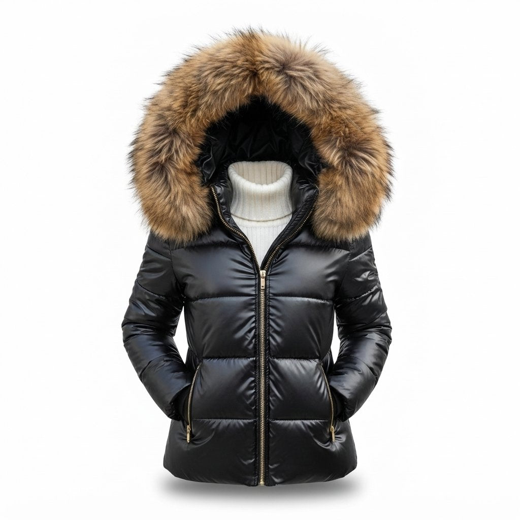 Women's Padded Winter Jacket with Faux Fur Hood — Black - Brown Hood