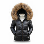 Women's Padded Winter Jacket with Faux Fur Hood — Black - Brown Hood