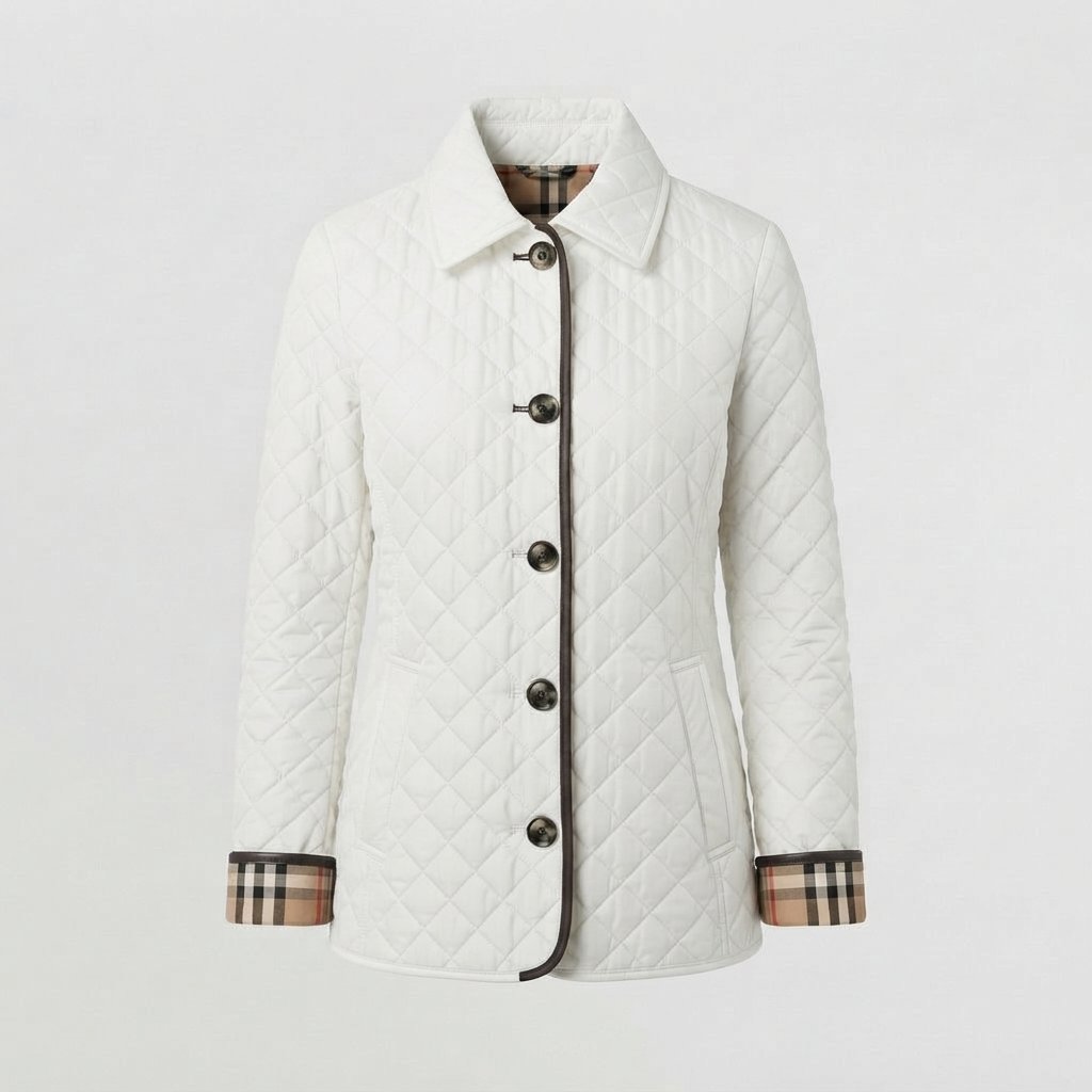 Women's Quilted Jacket with Collar and Button Front — White