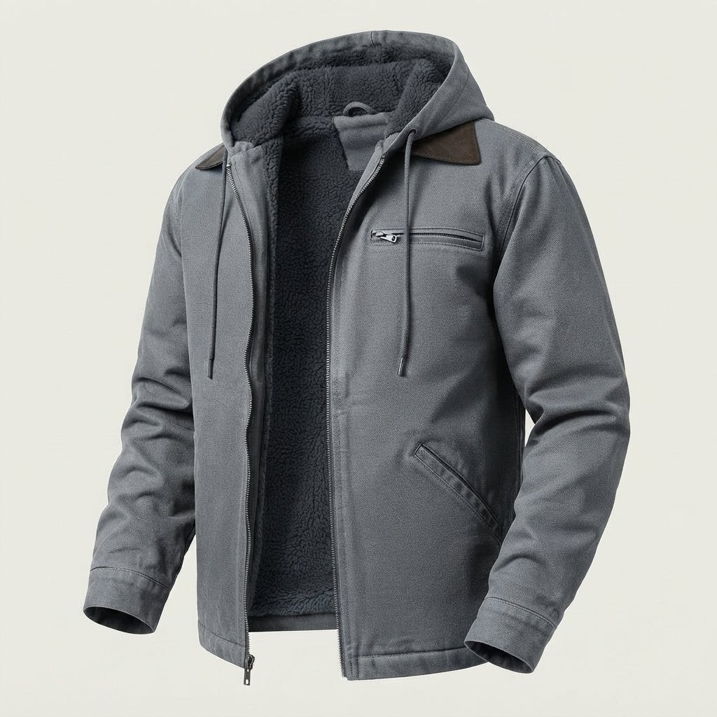 Men's Fleece-Lined Hooded Jacket with Removable Hood — Grey