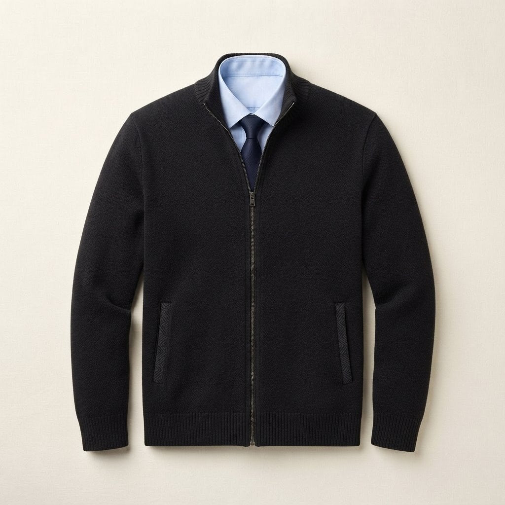 Men's Full-Zip Knit Cardigan – Smart Casual Sweater Jacket — Black