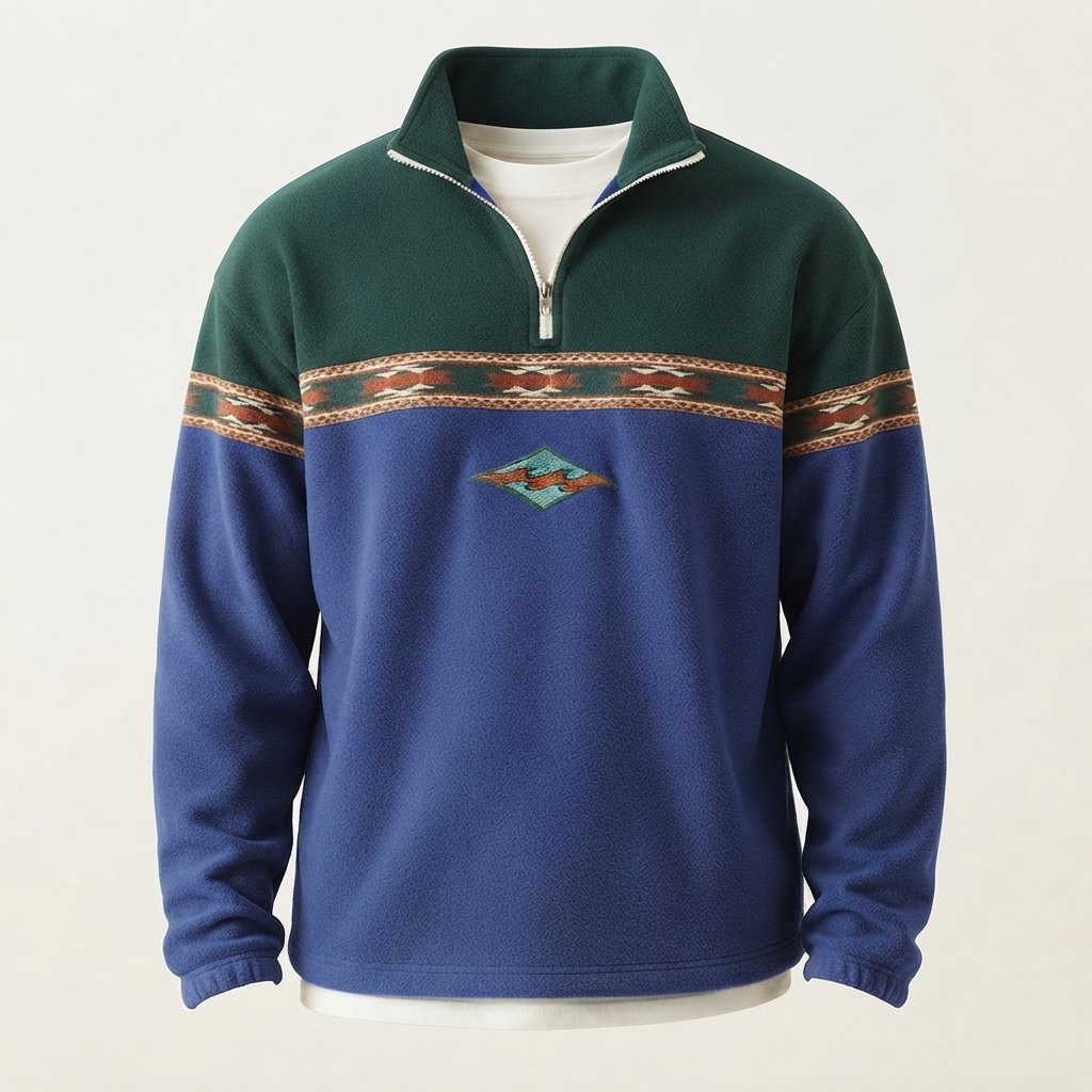 Men's Half-Zip Fleece Pullover with Aztec Stripe Detail — Blue