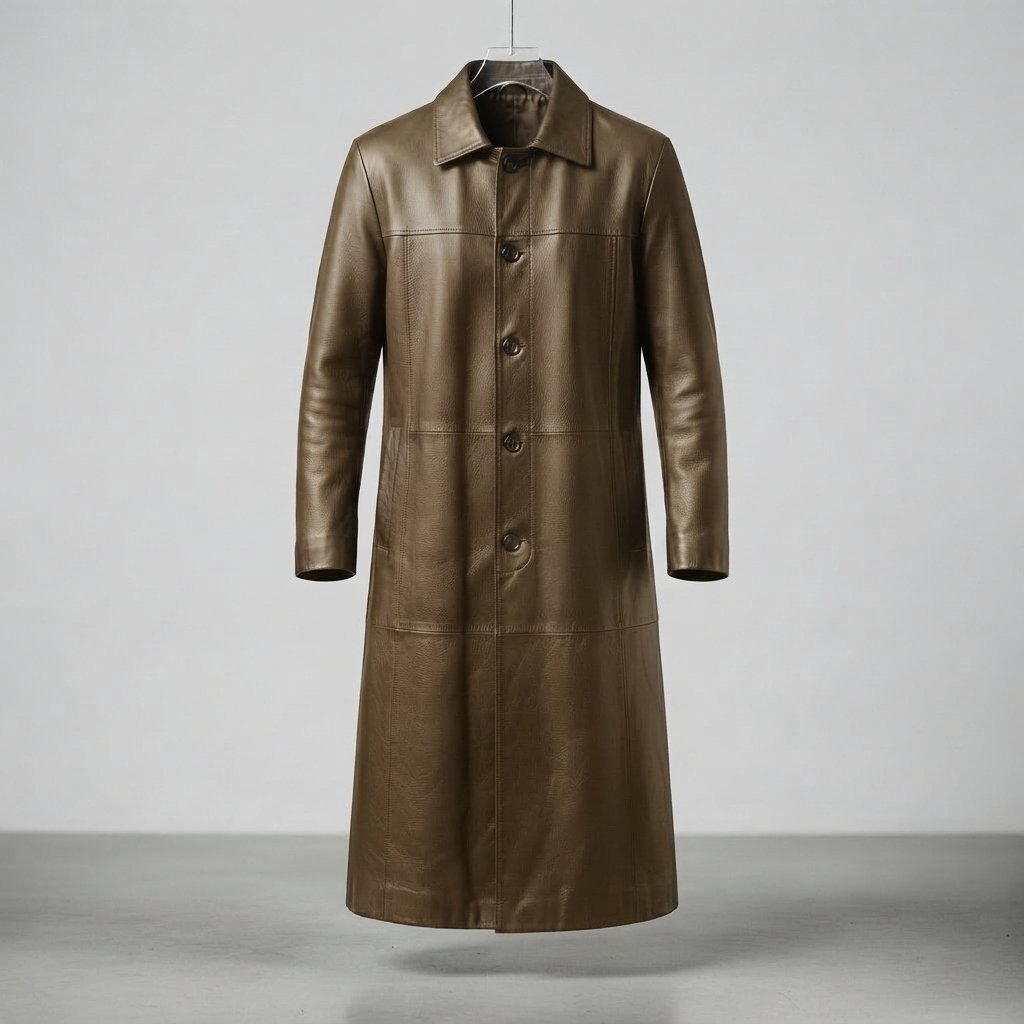 Men's Long Leather Coat, Regular Fit, Sizes S–3XL — Khaki