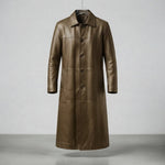 Men's Long Leather Coat, Regular Fit, Sizes S–3XL — Khaki