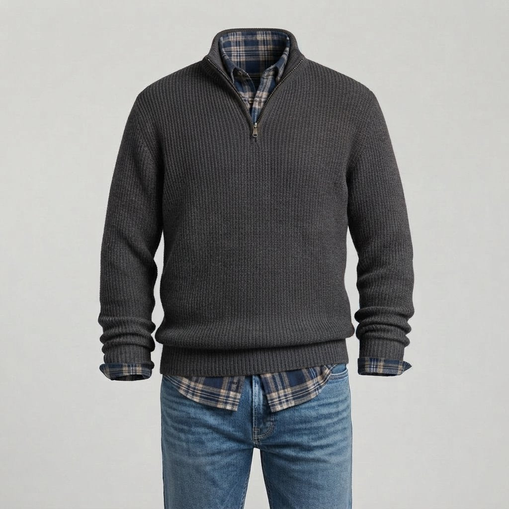 Men's Ribbed Quarter-Zip Cashmere Sweater, Regular Fit — Dark Grey