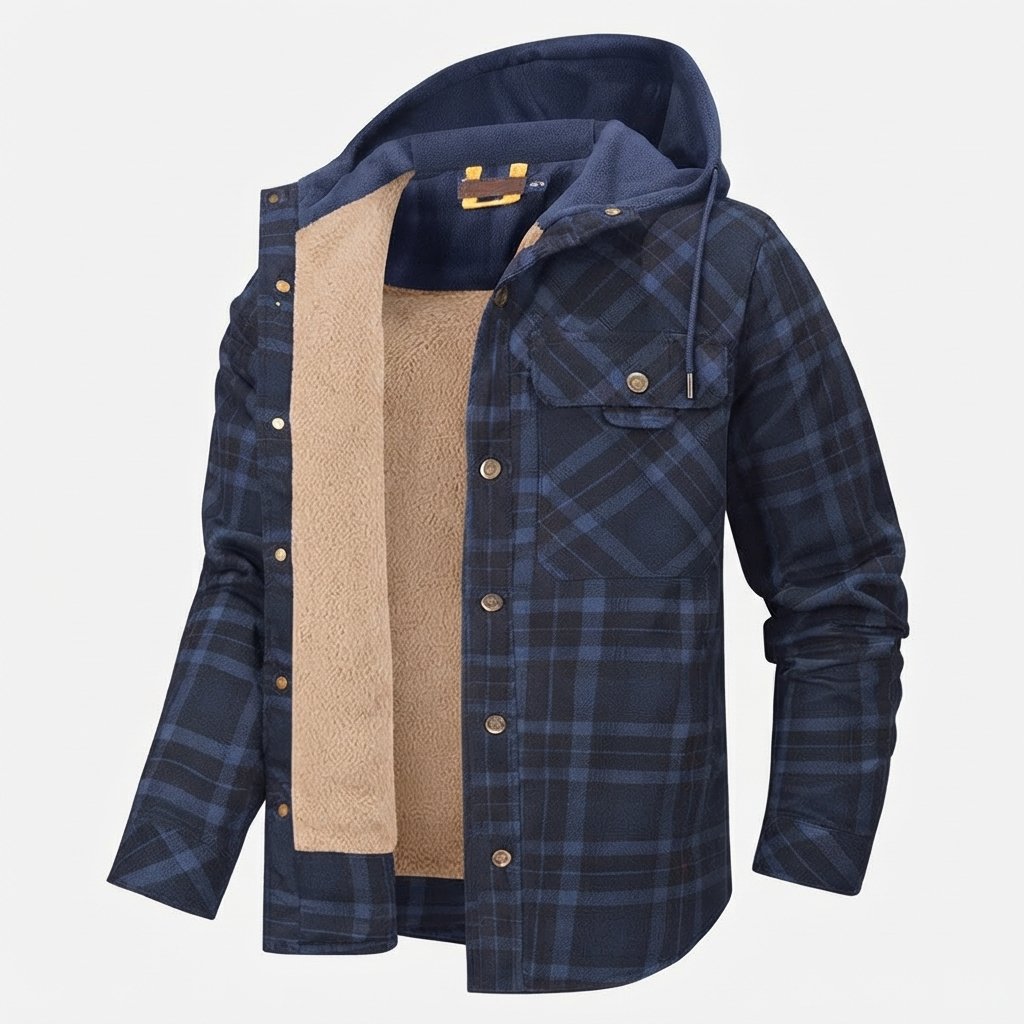 Men's Sherpa-Lined Plaid Hooded Jacket — Dark Blue