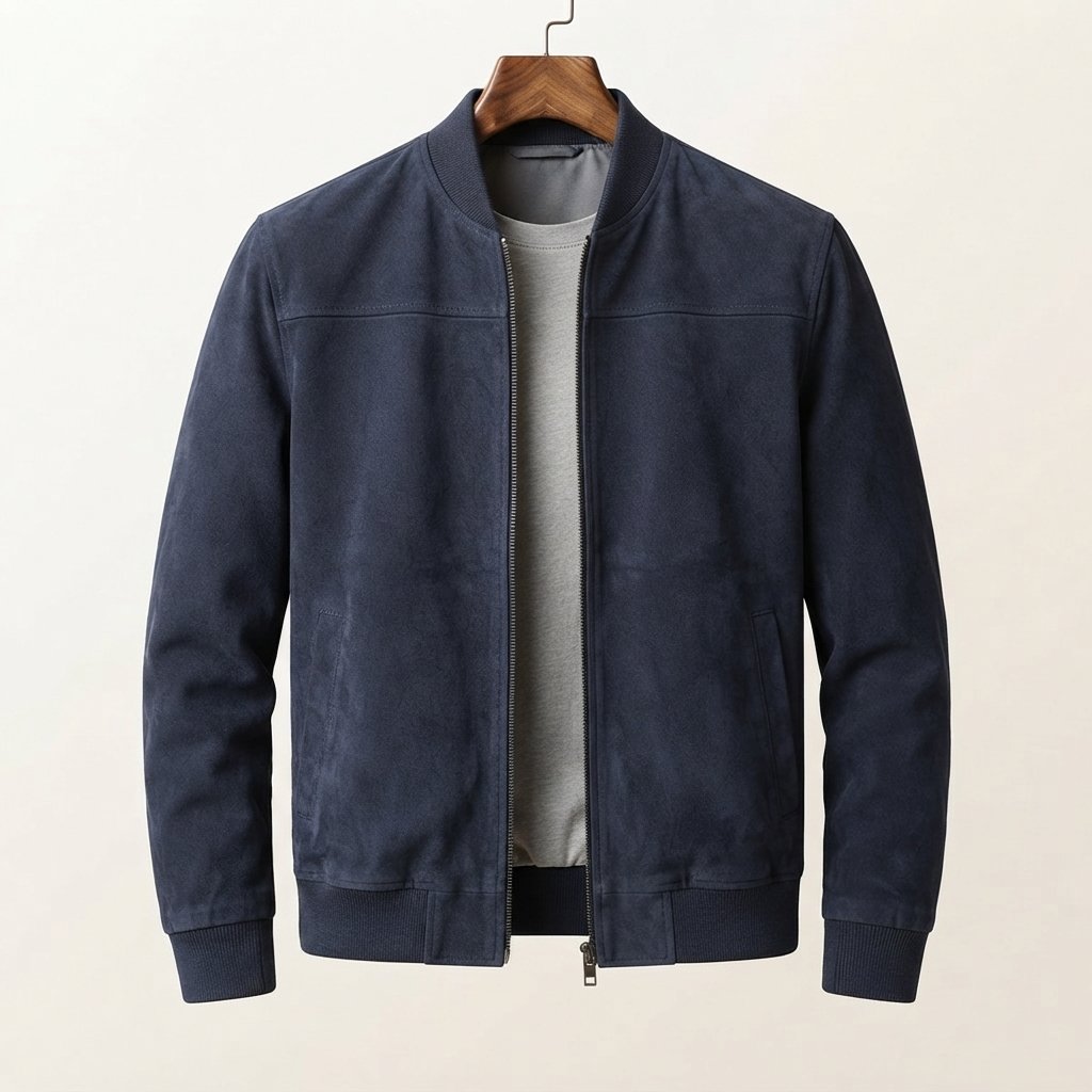 Men's Suede-Look Bomber Jacket – Lightweight Smart Casual — Dark Blue