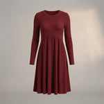 Ribbed Knit High-Waist A-Line Midi Dress with Pockets — Red
