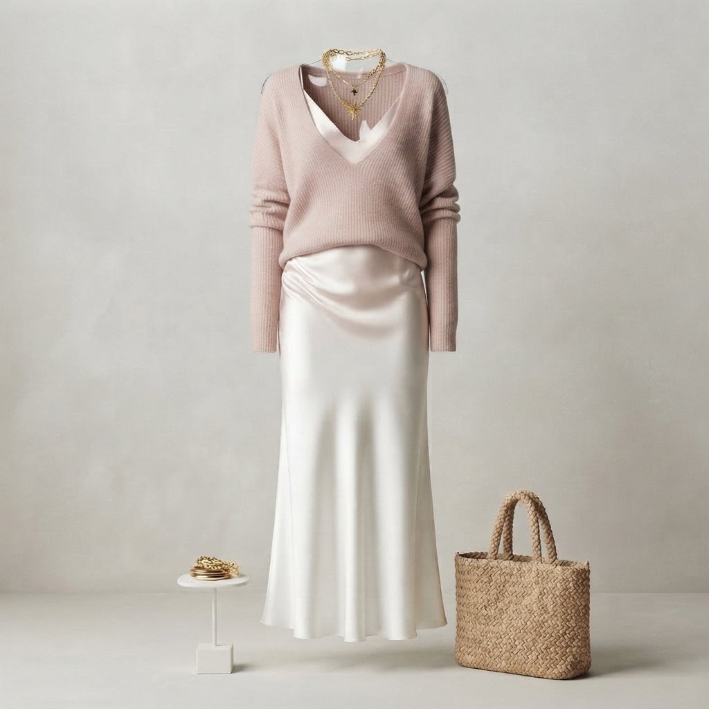 Satin Midi Dress & Knit Sweater Two-Piece Set — Pink