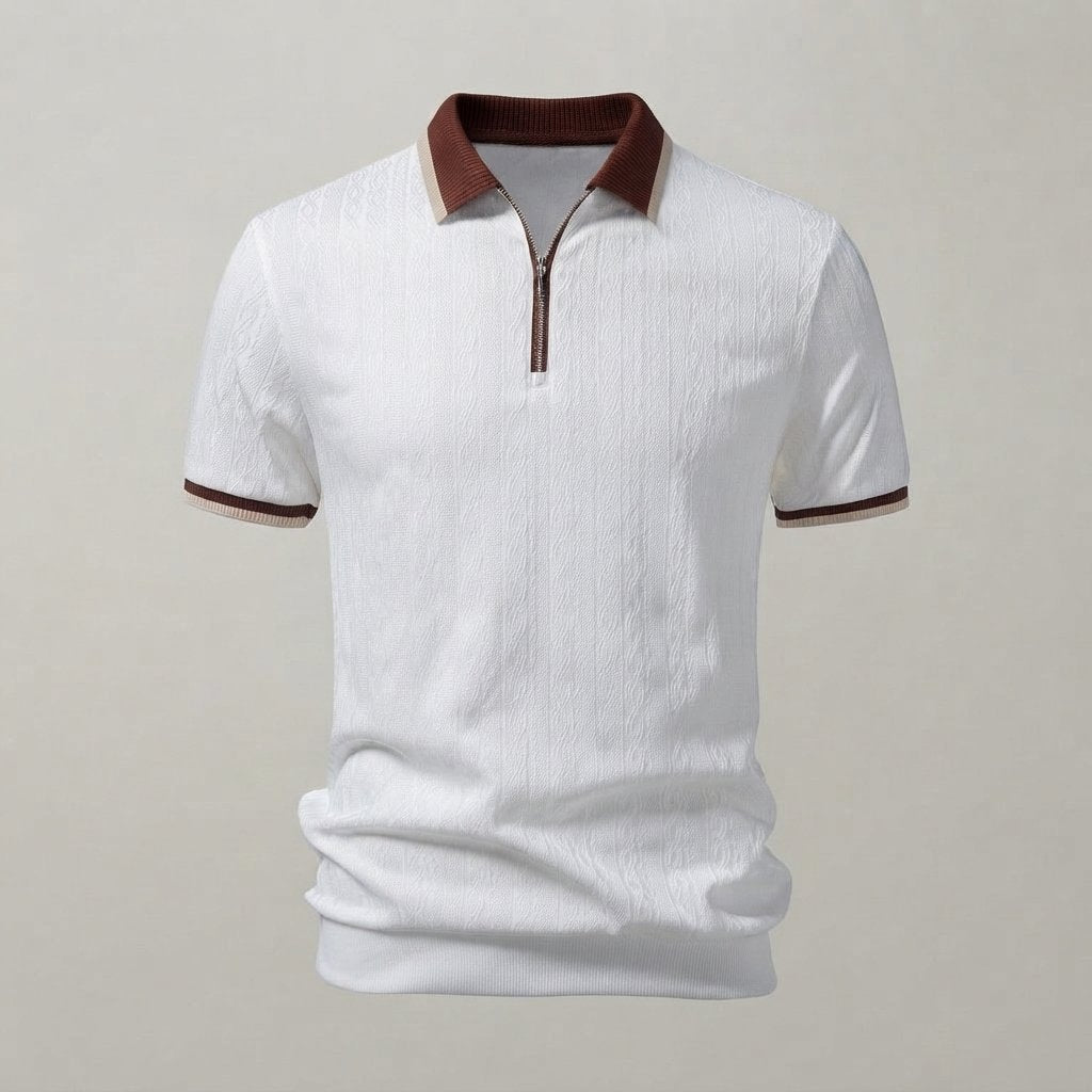 Textured Knit Quarter-Zip Polo Shirt, Tailored Fit — White
