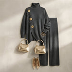 Turtleneck Sweater and Wide-Leg Trousers Knit Set — Charcoal Grey