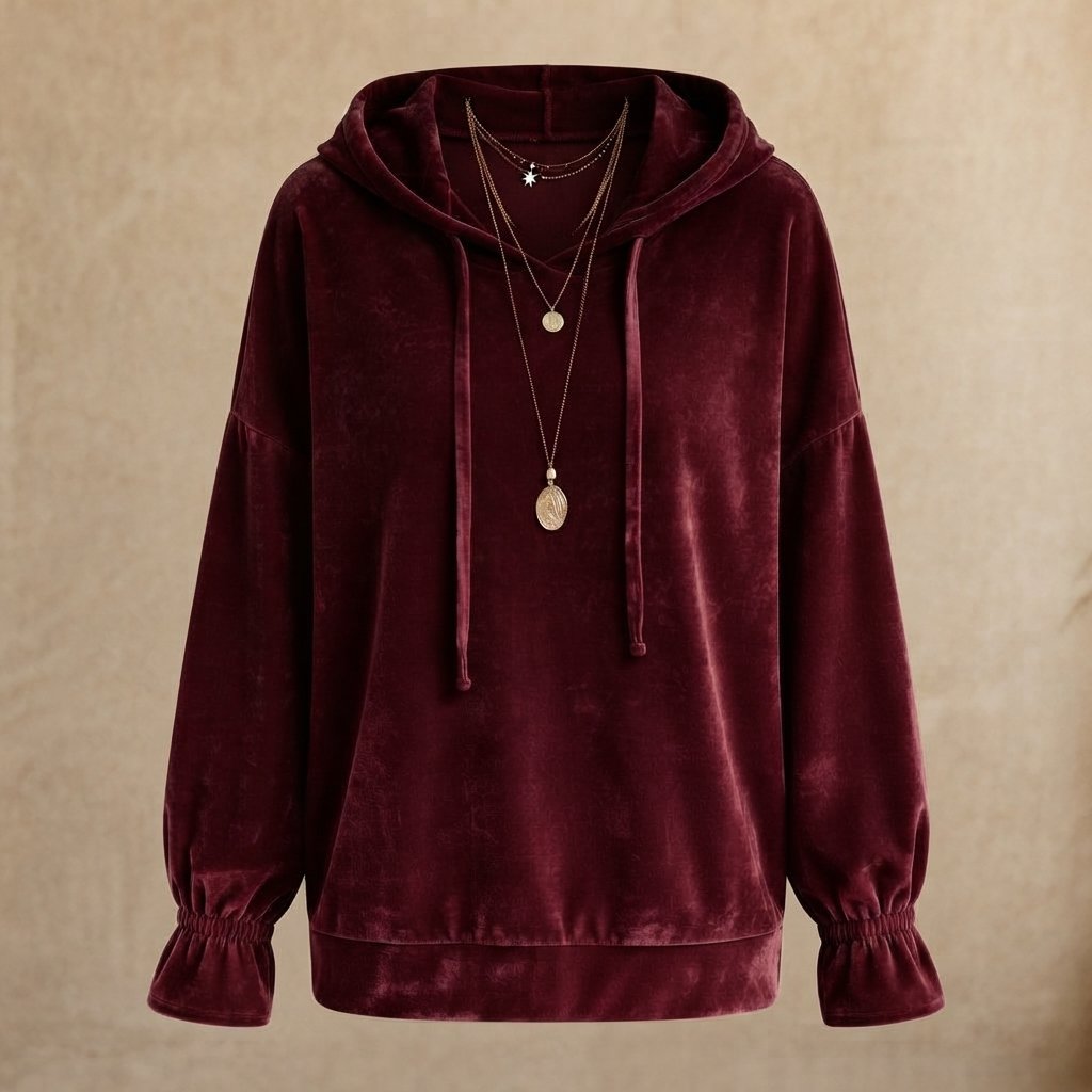 Velvet Relaxed Hoodie with Ruffle Cuffs — Burgundy