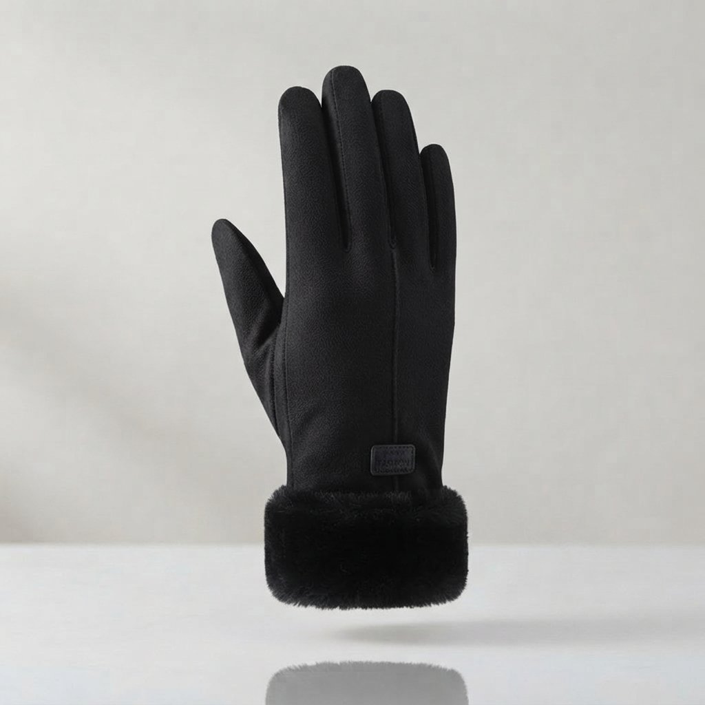 Women's Faux Suede Winter Gloves with Fluffy Cuff — Black