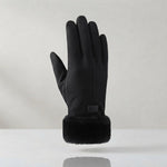 Women's Faux Suede Winter Gloves with Fluffy Cuff — Black