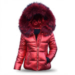 Women's Padded Winter Jacket with Faux Fur Hood — Red