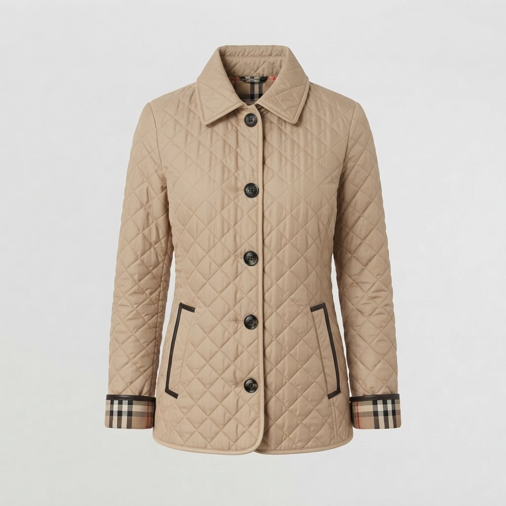 Women's Quilted Jacket with Collar and Button Front — Beige