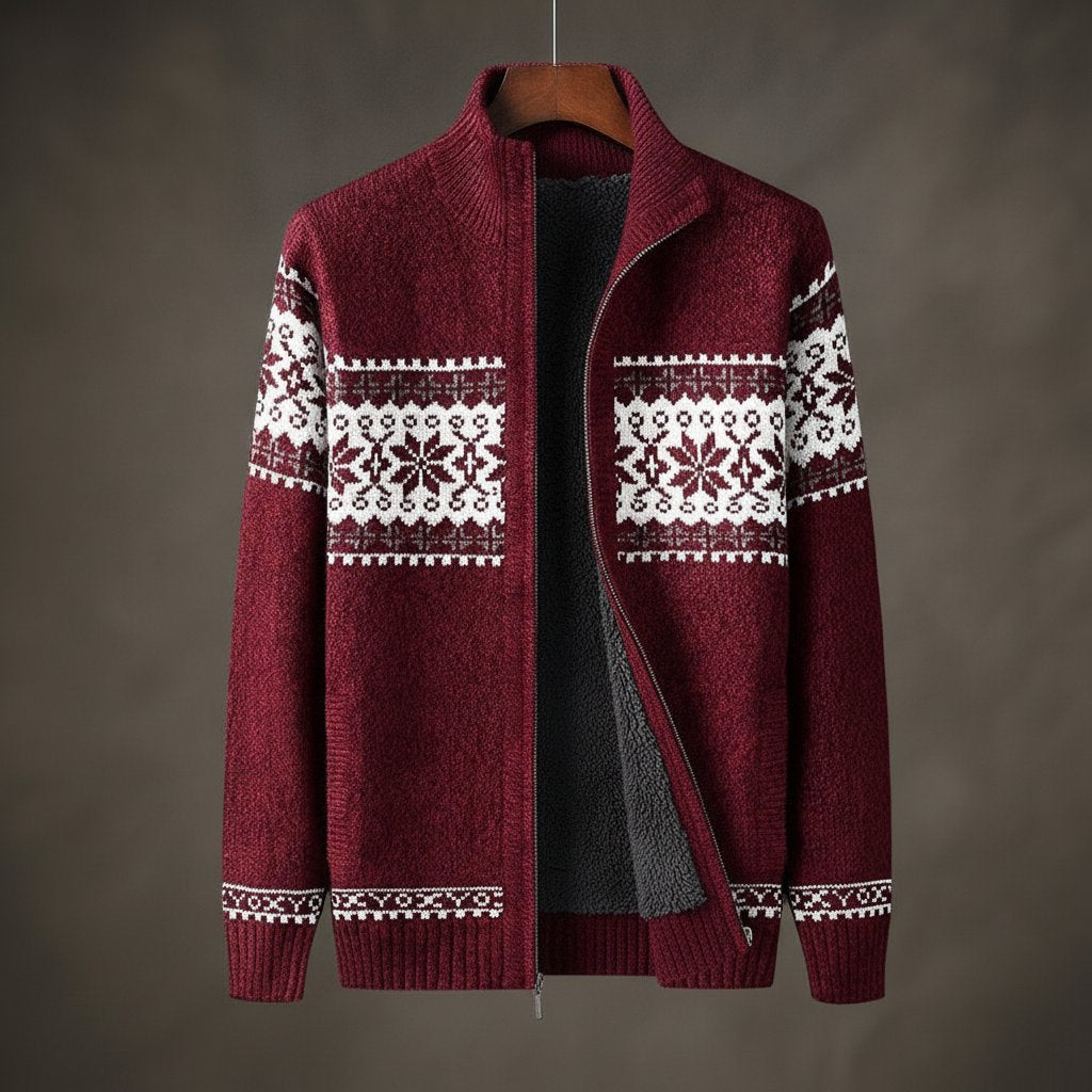 Men's Fleece-Lined Nordic Zip Cardigan — Burgundy