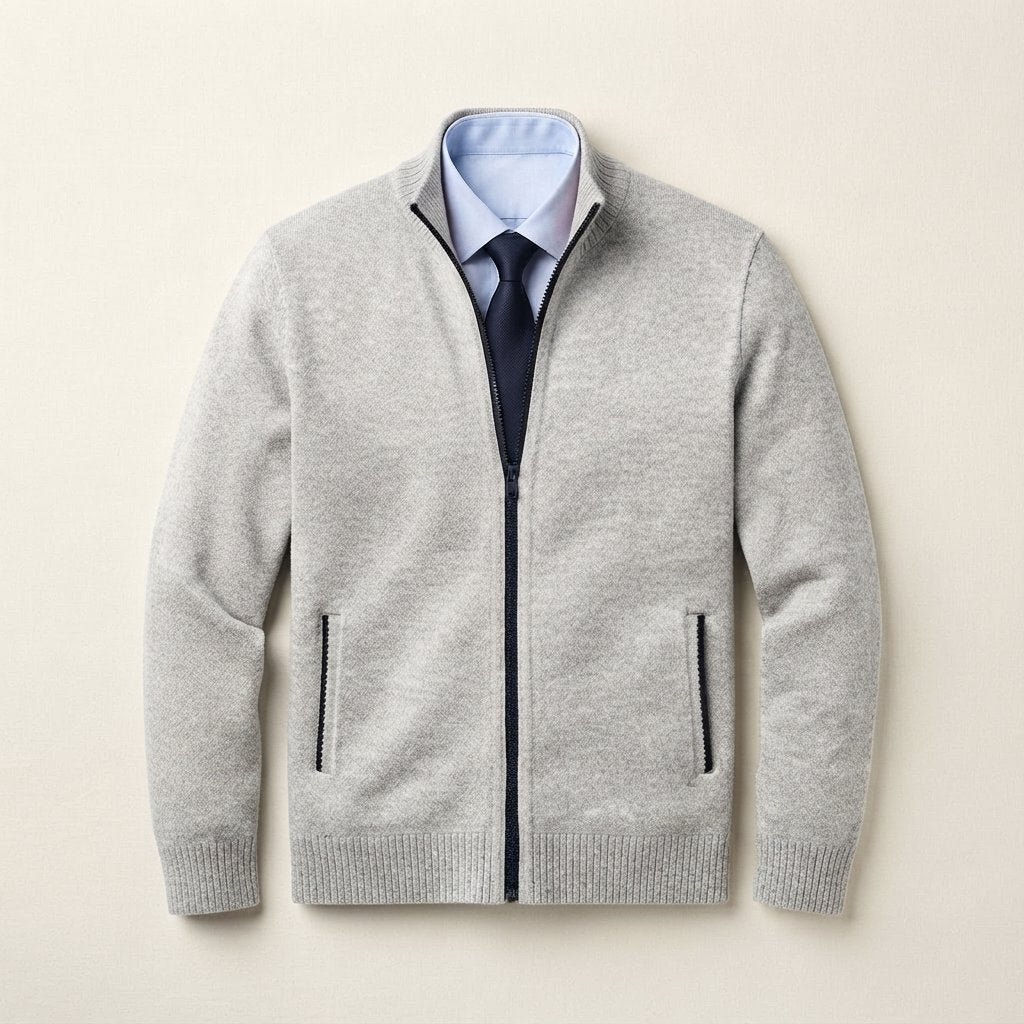 Men's Full-Zip Knit Cardigan – Smart Casual Sweater Jacket — Light Grey