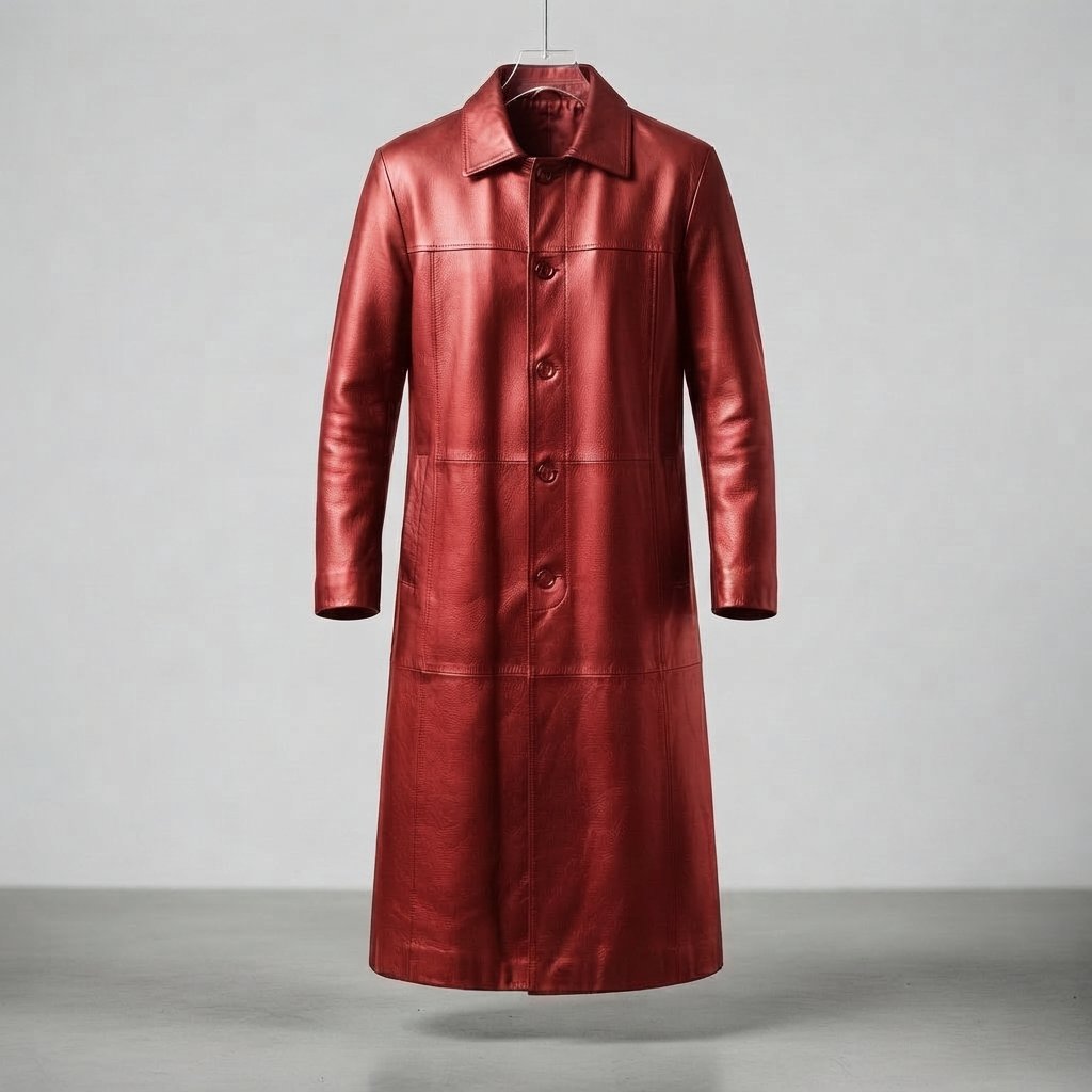 Men's Long Leather Coat, Regular Fit, Sizes S–3XL — Red