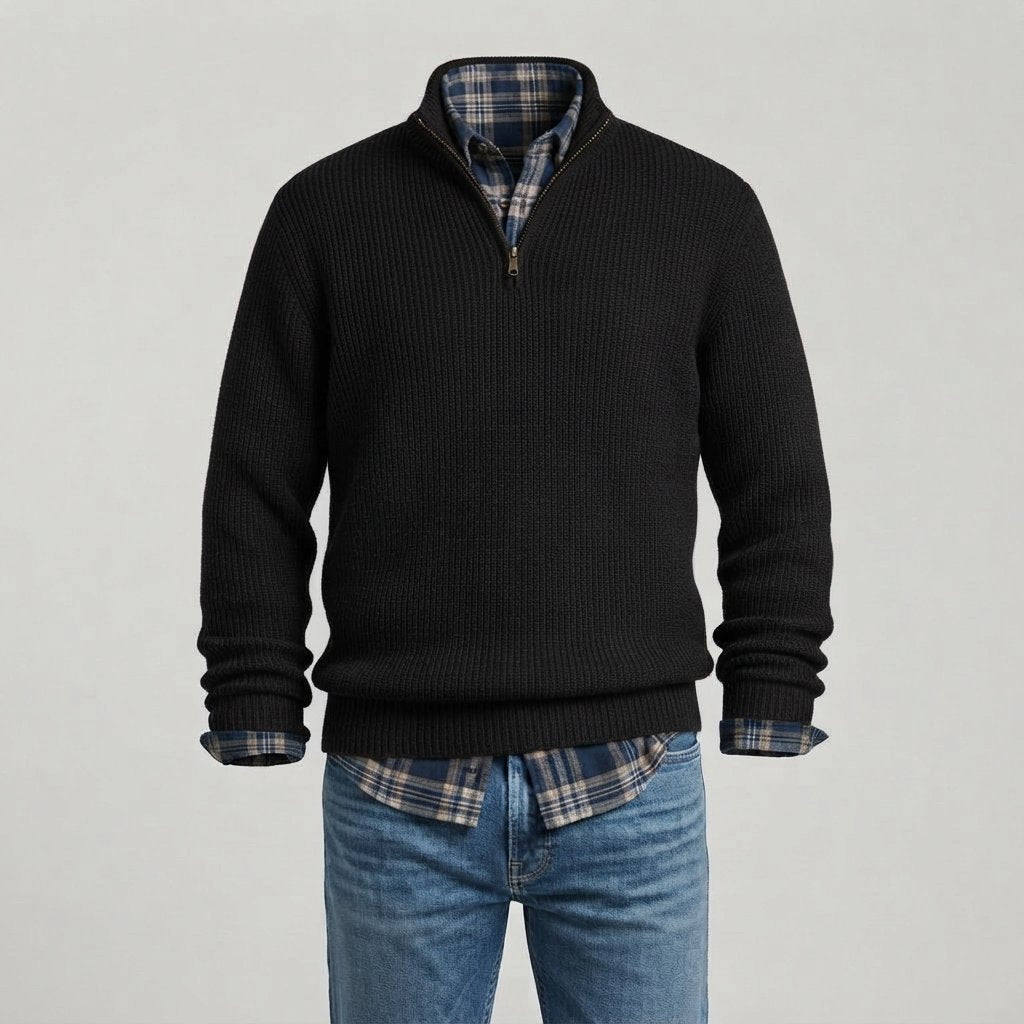 Men's Ribbed Quarter-Zip Cashmere Sweater, Regular Fit — Black