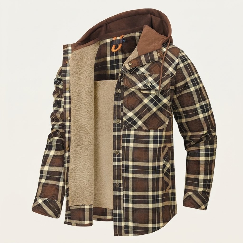 Men's Sherpa-Lined Plaid Hooded Jacket — Brown