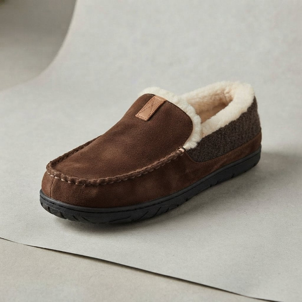Men's Sherpa-Lined Slip-On Loafer Slippers — Coffee