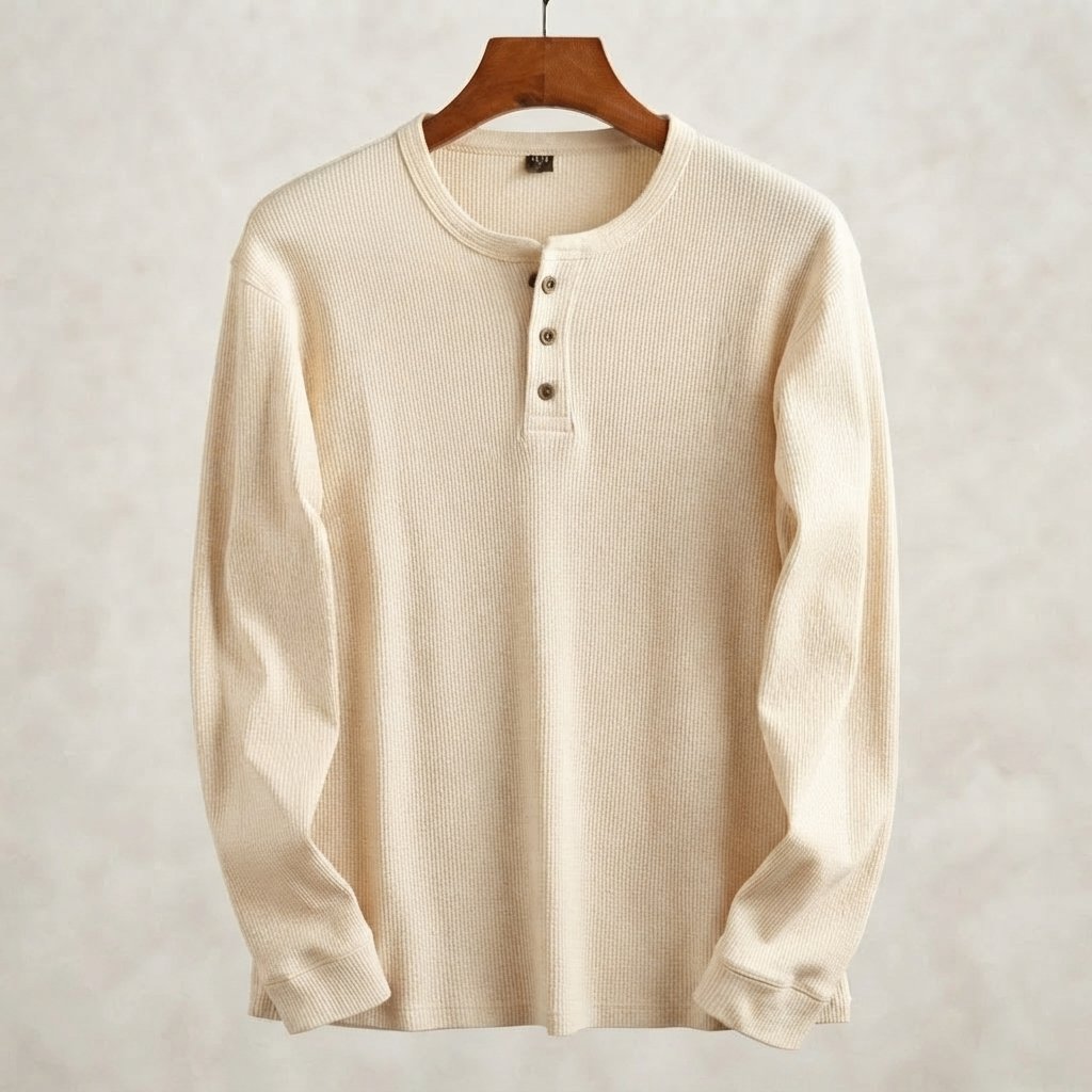 Men's Waffle Knit Henley Top, Long Sleeve — Cream