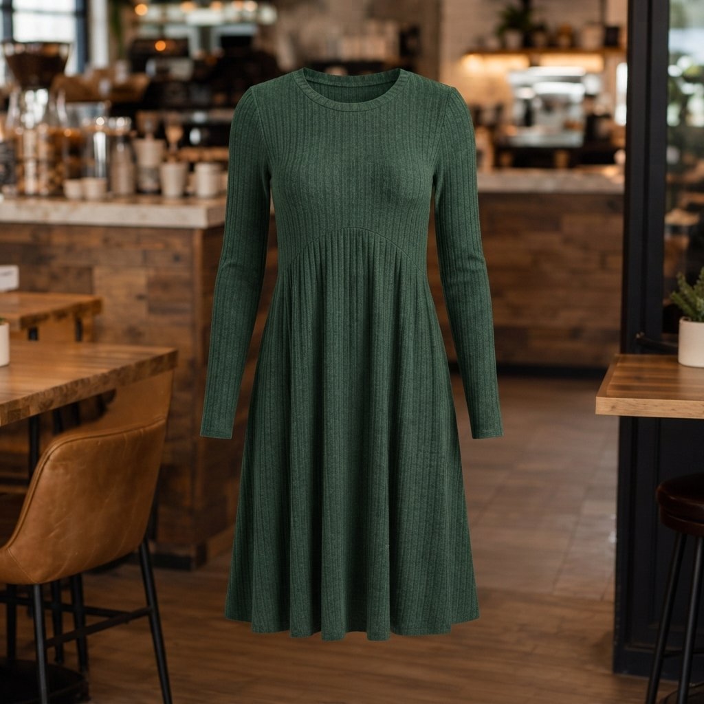 Ribbed Knit High-Waist A-Line Midi Dress with Pockets — Green