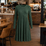 Ribbed Knit High-Waist A-Line Midi Dress with Pockets — Green