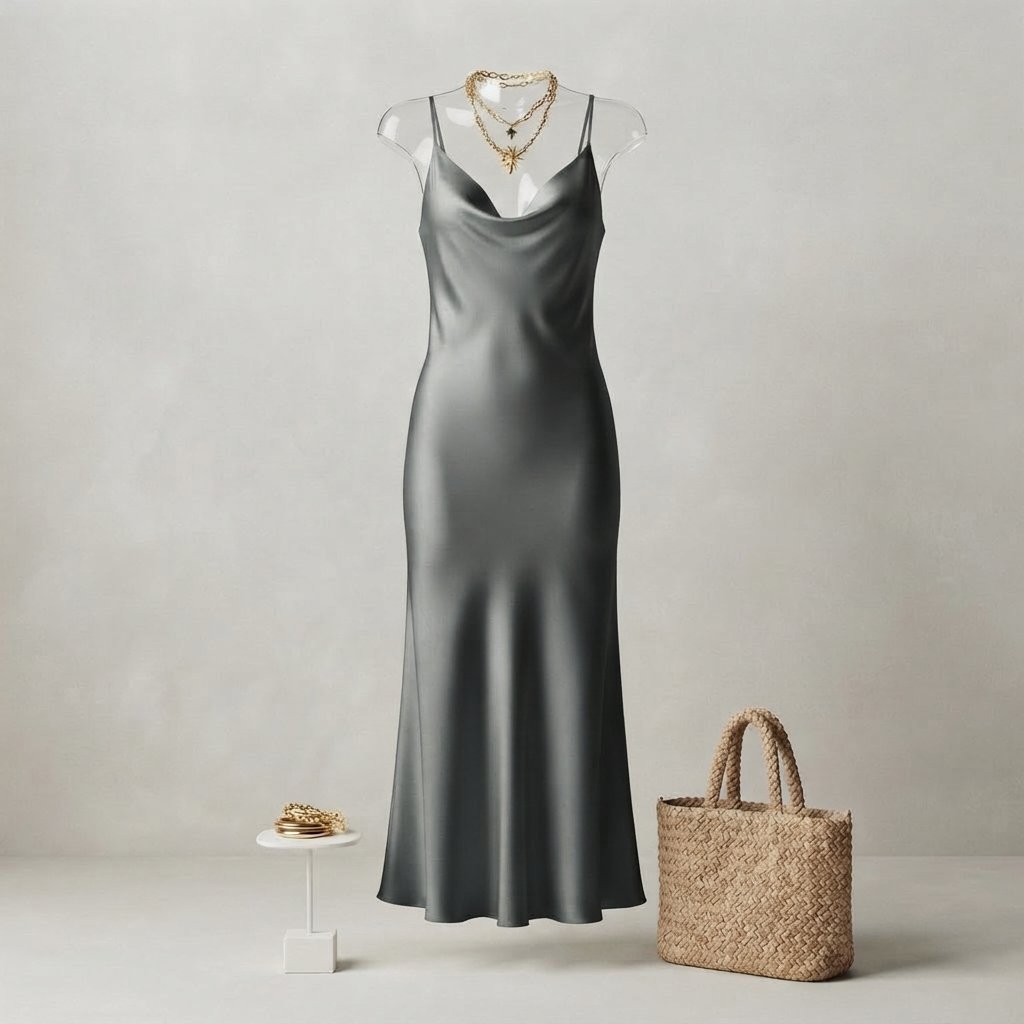 Satin Midi Dress & Knit Sweater Two-Piece Set — Grey