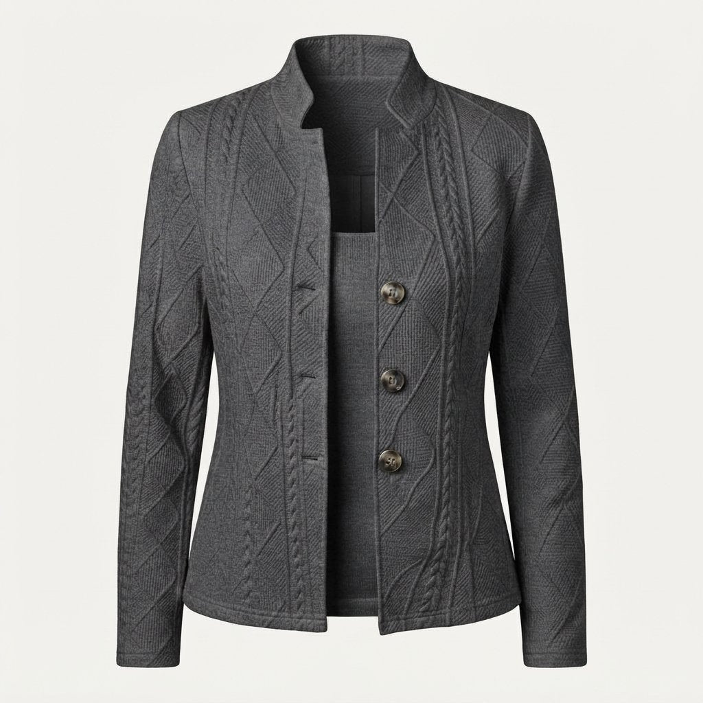 Textured Knit Stand-Collar Blazer Cardigan — Dark grey